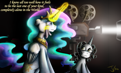 Size: 1250x759 | Tagged: safe, artist:jamescorck, princess celestia, oc, oc:movie slate, alicorn, pony, crying, feels, immortality blues, lonely, sad, the last unicorn