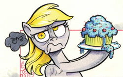 Size: 722x450 | Tagged: safe, artist:andypriceart, derpy hooves, pegasus, pony, spoiler:comic, spoiler:comic41, cupcake, dreary, female, food, grumpy, mare, solo