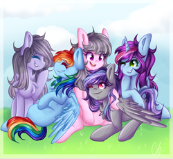 Size: 1024x939 | Tagged: safe, artist:sketchyhowl, derpibooru import, rainbow dash, oc, oc:rainbow kitty, oc:silver breeze, oc:sketchy howl, earth pony, pegasus, pony, unicorn, female, mare