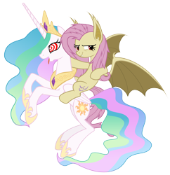 Size: 5800x6000 | Tagged: safe, artist:magister39, fluttershy, princess celestia, bat pony, pony, absurd resolution, flutterbat, hypnosis, ponies riding ponies, race swap, simple background, transparent background, vector