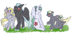 Size: 2161x1000 | Tagged: safe, artist:crescentmyst, derpy hooves, thunderlane, oc, oc:crumpet, oc:storm jumper, pegasus, pony, blushing, chest fluff, female, floppy ears, fluffy, male, mare, offspring, parent:derpy hooves, parent:thunderlane, parents:thunderplane, pregnant, shipping, straight, thunderplane, unshorn fetlocks