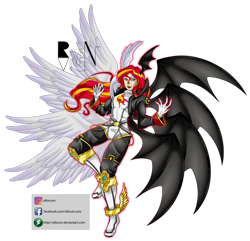 Size: 900x866 | Tagged: safe, artist:allocen, sunset satan, sunset shimmer, demon, seraph, equestria girls, black lipstick, crossover, digimon, fallen angel, female, fusion, light and dark, lipstick, lucemon, multiple wings, simple background, solo, sunsatamon, transparent background