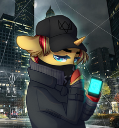 Size: 1024x1103 | Tagged: safe, artist:sannykat, sunset shimmer, pony, unicorn, bandana, bipedal, cellphone, city, clothes, coat, crossover, female, hat, looking at you, mare, phone, solo, watch dogs