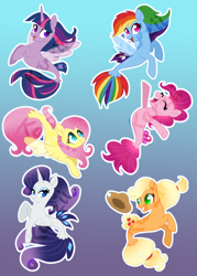 Size: 1500x2100 | Tagged: safe, artist:karzii, derpibooru import, applejack, fluttershy, pinkie pie, rainbow dash, rarity, twilight sparkle, twilight sparkle (alicorn), alicorn, seapony (g4), cowboy hat, eyes closed, female, gradient background, hat, looking at you, mane six, seaponified, seapony applejack, seapony fluttershy, seapony pinkie pie, seapony rainbow dash, seapony rarity, seapony twilight, species swap, watermark