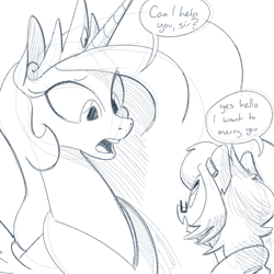 Size: 700x700 | Tagged: safe, artist:goat train, princess celestia, oc, oc:wireless, alicorn, pony, commission, dialogue, marriage proposal, monochrome, sketch, speech bubble