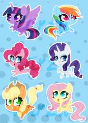 Size: 1500x2100 | Tagged: safe, artist:karzii, derpibooru import, applejack, fluttershy, pinkie pie, rainbow dash, rarity, twilight sparkle, twilight sparkle (alicorn), alicorn, earth pony, pegasus, pony, unicorn, chibi, cowboy hat, female, flying, hat, mane six, mare