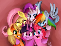 Size: 1024x765 | Tagged: safe, artist:shivall, derpibooru import, applejack, fluttershy, pinkie pie, rainbow dash, rarity, twilight sparkle, twilight sparkle (alicorn), alicorn, earth pony, pegasus, pony, unicorn, female, group hug, mane six, mare