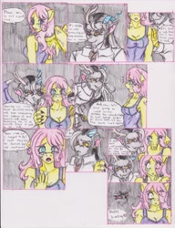 Size: 1275x1664 | Tagged: safe, artist:zoarenso, discord, fluttershy, anthro, comic:innocent sin, comic, stupid sexy discord, traditional art