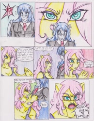 Size: 1275x1639 | Tagged: safe, artist:zoarenso, fluttershy, oc, oc:stormcloak, anthro, comic:innocent sin, comic, incest, misspelling, the stare, traditional art, uncle and niece, yandere, you're going to love me