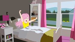 Size: 1920x1080 | Tagged: safe, artist:garretthegarret, fluttershy, equestria girls, bed, bed hair, bedroom, clothes, messy hair, morning ponies, pajamas, solo