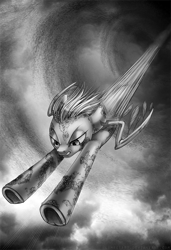 Size: 683x1000 | Tagged: safe, artist:limreiart, part of a set, derpy hooves, ghoul, pegasus, pony, fallout equestria, epic derpy, female, flying, grayscale, mare, monochrome, solo, sonic rad-boom, underhoof