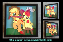 Size: 1280x855 | Tagged: safe, artist:the-paper-pony, apple bloom, applejack, earth pony, pony, apple, cloud, cloudy, commission, mouth hold, photo, shadowbox, stool