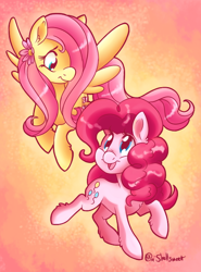 Size: 500x674 | Tagged: safe, artist:shellsweet, fluttershy, pinkie pie, earth pony, pegasus, pony, duo, female, flower, flower in hair, hair over one eye, looking at each other, mare, smiling, spread wings, wings