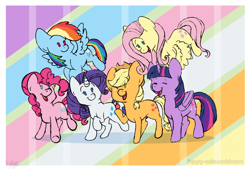 Size: 1412x963 | Tagged: safe, artist:puppydoctor, derpibooru import, applejack, fluttershy, pinkie pie, rainbow dash, rarity, twilight sparkle, twilight sparkle (alicorn), alicorn, earth pony, pegasus, pony, unicorn, female, happy, mane six, mare, smiling