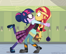 Size: 2000x1661 | Tagged: safe, artist:sunsetslight, sci-twi, sunset shimmer, twilight sparkle, equestria girls, friendship games, alternate universe, blushing, female, hug, in a heartbeat, journal, lesbian, looking at each other, magic capture device, scitwishimmer, shipping, sunsetsparkle