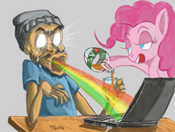 Size: 775x585 | Tagged: safe, artist:psykong, pinkie pie, earth pony, human, pony, computer, context is for the weak, female, glowing eyes, laptop computer, male, rainbow, signature, wat, white eyes