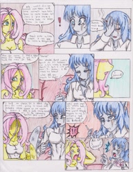 Size: 1275x1647 | Tagged: safe, artist:zoarenso, fluttershy, oc, oc:stormcloak, anthro, comic:innocent sin, comic, implied torture, misspelling, traditional art