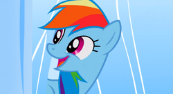 Size: 1099x597 | Tagged: safe, derpibooru import, screencap, rainbow dash, pegasus, pony, sonic rainboom (episode), cute, dashabetes, female, mare, open mouth, smiling, solo