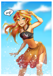 Size: 565x800 | Tagged: safe, artist:the-park, sunset shimmer, better together, equestria girls, forgotten friendship, armpits, belly button, bikini, breasts, clothes, female, hey, long hair, looking at you, midriff, one word, sarong, skirt, smiling, solo, sports bra, summer sunset, swimsuit, water, wide hips