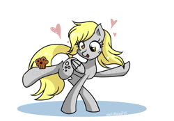 Size: 900x628 | Tagged: safe, artist:oddlittleleaf, derpy hooves, pony, balancing, cute, derpabetes, food, heart, lightly watermarked, muffin, silly, silly pony, solo, that pony sure does love muffins, tongue out, watermark