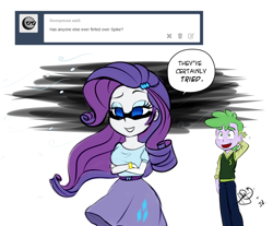 Size: 1200x995 | Tagged: safe, artist:pia-sama, rarity, spike, equestria girls, ask eg spike x rarity, clothes, female, human spike, male, shipping, skirt, sparity, straight, tumblr, yandere, yanderity