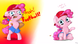 Size: 4200x2400 | Tagged: safe, artist:captainpudgemuffin, pinkie pie, earth pony, pony, american football, backwards ballcap, baseball cap, clothes, dialogue, hat, shorts, solo