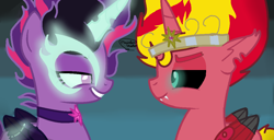 Size: 1106x568 | Tagged: safe, artist:rainbowshadowmlp, midnight sparkle, sci-twi, sunset satan, sunset shimmer, twilight sparkle, alicorn, pony, equestria girls, friendship games, equestria girls ponified, equestria's monster girls, female, lesbian, looking at each other, midnightsatan, ponified, scitwishimmer, shipping, sunsetsparkle