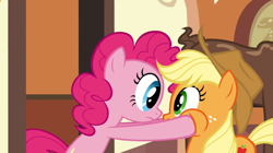 Size: 1050x590 | Tagged: safe, screencap, applejack, pinkie pie, earth pony, pony, mmmystery on the friendship express, duo