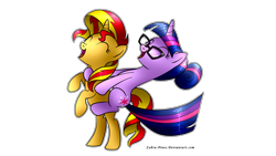 Size: 3840x2160 | Tagged: safe, artist:zahra-pines, sci-twi, sunset shimmer, twilight sparkle, pony, unicorn, cute, equestria girls ponified, eyes closed, female, lesbian, piggyback ride, ponies riding ponies, ponified, rearing, scitwishimmer, shimmerbetes, shipping, signature, simple background, sunsetsparkle, twiabetes