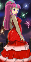 Size: 1920x3784 | Tagged: safe, artist:shonuff44, sour sweet, dance magic, equestria girls, spoiler:eqg specials, ass, bedroom eyes, breasts, butt, clothes, dress, equestria girls specials, female, fireworks, freckles, lipstick, looking at you, looking back, looking back at you, ponytail, red dress, red lipstick, sexy, smiling, solo, sour seat, sour suika, stupid sexy sour sweet