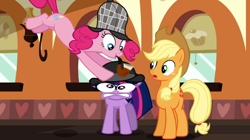 Size: 1050x590 | Tagged: safe, screencap, applejack, pinkie pie, twilight sparkle, earth pony, pony, unicorn, mmmystery on the friendship express, bubble pipe, deerstalker, faic, female, hat, mare