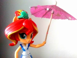 Size: 960x720 | Tagged: safe, sunset shimmer, fish, equestria girls, clothes, doll, equestria girls minis, irl, photo, skirt, sunset sushi, toy, umbrella