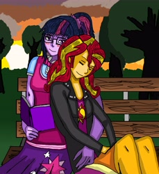 Size: 6100x6673 | Tagged: safe, artist:takrontoxicity, sci-twi, sunset shimmer, twilight sparkle, equestria girls, absurd resolution, bench, blushing, cuddling, cutie mark on clothes, eyes closed, female, lesbian, scitwishimmer, shipping, sleeping, sunsetsparkle, tree