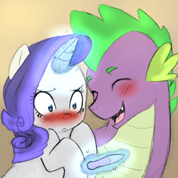 Size: 1024x1024 | Tagged: safe, artist:kianamai, artist:mrs89fluffy, color edit, edit, rarity, spike, dragon, pony, unicorn, blushing, colored, eyes closed, female, frown, kilalaverse, magic, male, open mouth, pregnancy test, shipping, smiling, sparity, straight, telekinesis, wide eyes
