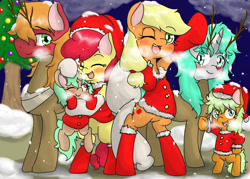 Size: 1400x1000 | Tagged: safe, artist:wonton soup, apple bloom, applejack, big macintosh, oc, oc:delicious soup, earth pony, pony, bipedal, bottomless, canon x oc, christmas, clothes, costume, deer costume, female, hat, holiday, male, mare, offspring, one eye closed, partial nudity, pixiv, santa costume, santa hat, self insert, snow, stallion, winter