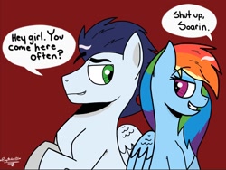 Size: 1024x770 | Tagged: safe, artist:pimpartist101, derpibooru import, rainbow dash, soarin', pegasus, pony, female, male, pickup lines, shipping, soarindash, straight