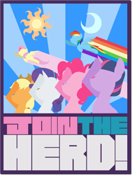 Size: 1513x2000 | Tagged: safe, artist:doctor-g, derpibooru import, applejack, fluttershy, pinkie pie, rainbow dash, rarity, twilight sparkle, earth pony, pegasus, pony, unicorn, female, flying, horn, implied princess celestia, implied princess luna, join the herd, mane six, mare, poster, salute, spread wings, text, wings