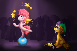 Size: 1256x841 | Tagged: safe, artist:28gooddays, boneless, cheese sandwich, pinkie pie, earth pony, pony, balancing, ball, colt, female, filly, glasses, juggling, male, rubber chicken, younger