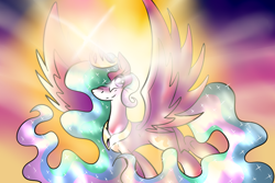 Size: 900x600 | Tagged: safe, artist:newmoon-dragoness, princess celestia, alicorn, pony, crown, female, horn, mare, multicolored mane, multicolored tail, solo, white coat, white wings, wings