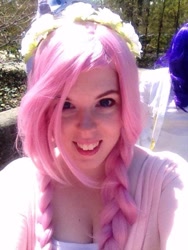 Size: 480x640 | Tagged: safe, artist:mintyblitzz, fluttershy, human, cleavage, cosplay, female, floral head wreath, flower, irl, irl human, photo, solo