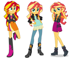 Size: 1442x1152 | Tagged: safe, artist:givralix, artist:sugar-loop, sunset shimmer, better together, equestria girls, friendship games, boots, clothes, comparison, crossed arms, cute, female, geode of empathy, hand on hip, high heel boots, jacket, leaning, leather jacket, looking at you, peace sign, shimmerbetes, shoes, simple background, skirt, smiling, solo, transparent background, vector