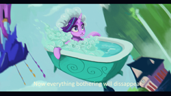 Size: 3840x2160 | Tagged: safe, artist:hierozaki, edit, starlight glimmer, pony, unicorn, father knows beast, bath, bathtub, bathtub gag, family guy, female, hat, mare, reference, shower cap, solo, suds, text edit