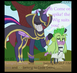 Size: 827x792 | Tagged: safe, derpibooru import, spike, twilight sparkle, twilight sparkle (alicorn), alicorn, pony, c.c., code geass, cosplay, crossover, female, mare, zero