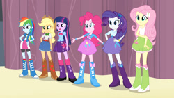 Size: 1920x1080 | Tagged: safe, derpibooru import, screencap, applejack, fluttershy, pinkie pie, rainbow dash, rarity, twilight sparkle, equestria girls, balloon, boots, bracelet, clothes, high heel boots, jewelry, line-up, mane six, skirt