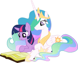 Size: 1280x1042 | Tagged: safe, artist:takua770, princess celestia, twilight sparkle, alicorn, pony, book, cuddling, reading, snuggling