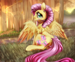 Size: 2000x1650 | Tagged: safe, artist:carligercarl, fluttershy, pegasus, pony, grass, sitting, solo, water