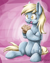 Size: 1024x1302 | Tagged: safe, artist:tierfarbe, derpy hooves, pegasus, pony, female, food, licking, licking lips, mare, muffin, sitting, solo, tongue out