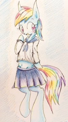 Size: 722x1280 | Tagged: safe, artist:91o42, derpibooru import, rainbow dash, pegasus, pony, semi-anthro, belly button, clothes, pixiv, school uniform, solo, traditional art