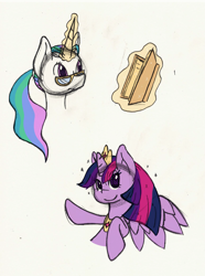 Size: 1545x2073 | Tagged: safe, artist:thepiplup, princess celestia, twilight sparkle, twilight sparkle (alicorn), alicorn, alternate hairstyle, book, glowing horn, race swap, unicorn celestia