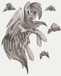 Size: 1024x1274 | Tagged: safe, artist:mufflinka, derpy hooves, pegasus, pony, female, food, mare, monochrome, muffin, solo